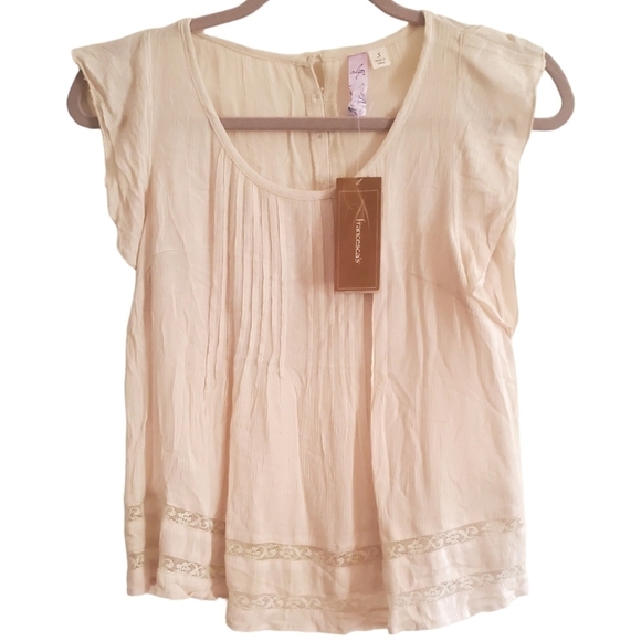 Francesca's Alya Taupe Pleated Gauzy Lace Trim Top Size SM - Picture 1 of 12